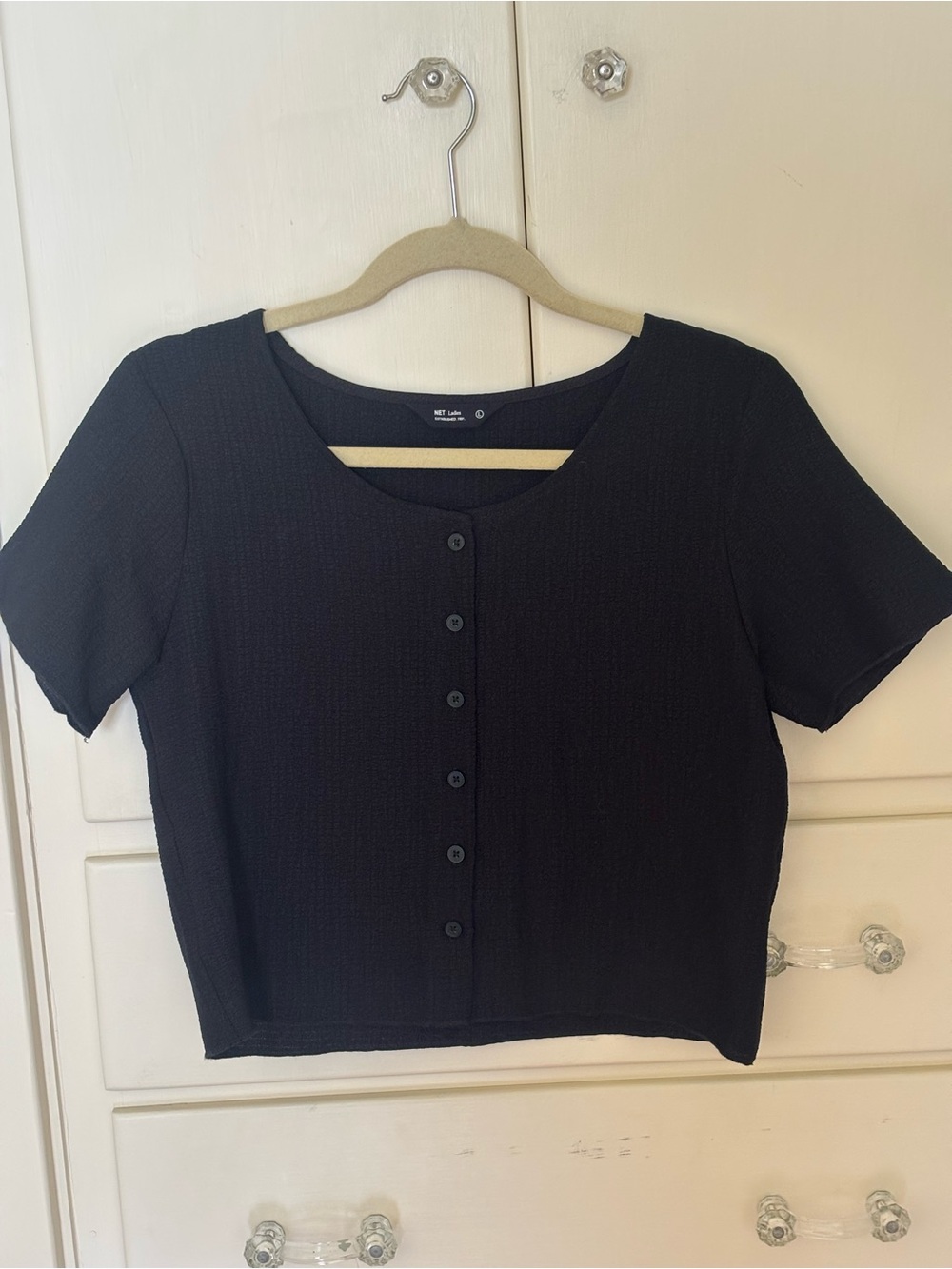 Black Button-Front Short Sleeve Top - Women's Basics